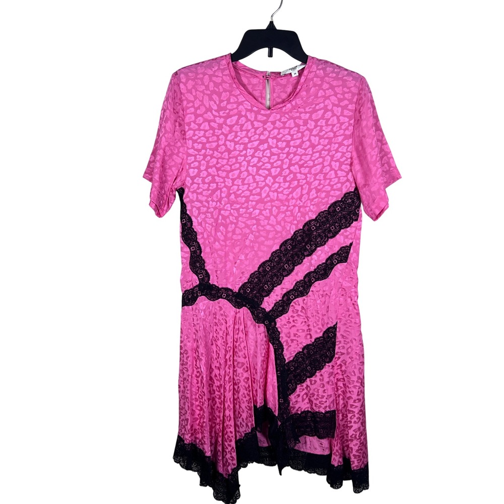 Koche Dress Womens 34 US 4 Pink Leopard Lace Asymmetric Hem Satin Short Sleeve